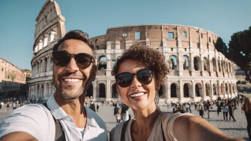 Um casal tirando uma selfie em frente ao Coliseu, em Roma, com um sorvete na mão.