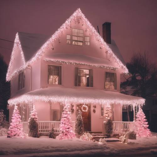 传统的房屋装饰着白色和粉红色的圣诞灯，散发出欢乐的光芒。