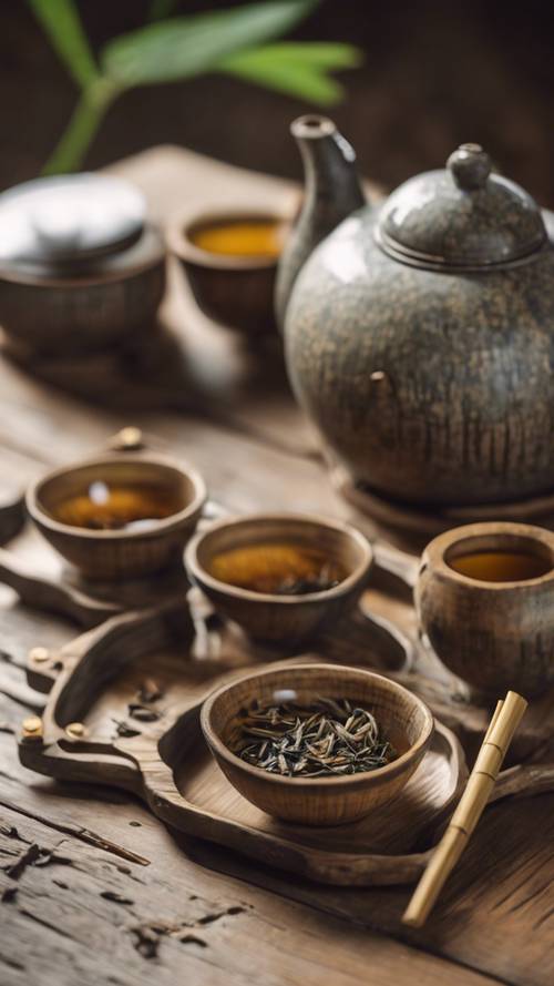 Un juego de té de bambú sobre una mesa de madera antigua