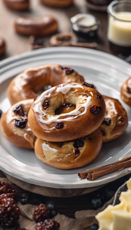 A duo of cinnamon raisin bagels on a white plate, butter melting on top. Tapet [c5e54a7bdd4c49f1989b]