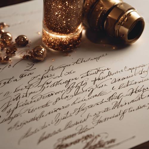 Parlak, kahverengi parıltıyla yazılmış bir aşk şiirinin el yazısıyla yazılmış kaligrafisi.