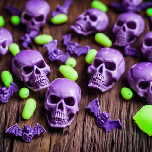 Purple glow-in-the-dark skull candies and bats scattered on a wooden table for Halloween feast.