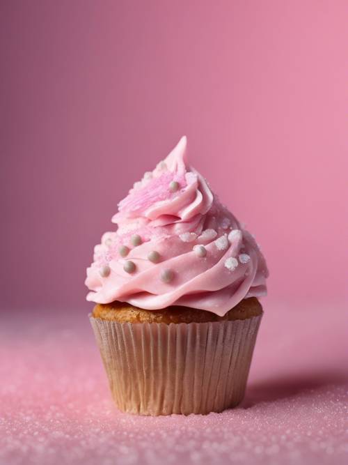 Um cupcake coberto com uma cobertura rosa projetada para imitar as manchas de uma chita.