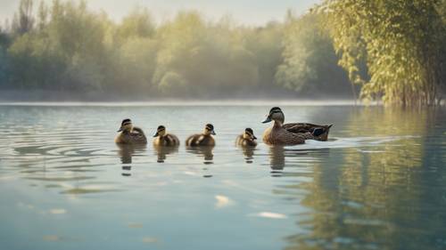 A family of ducks swimming gracefully on a tranquil pond under a pastel blue morning sky.