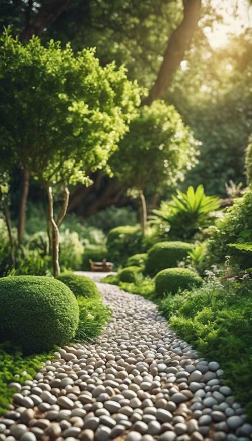 Ścieżka żwirowa prowadząca przez bujny zielony ogród.