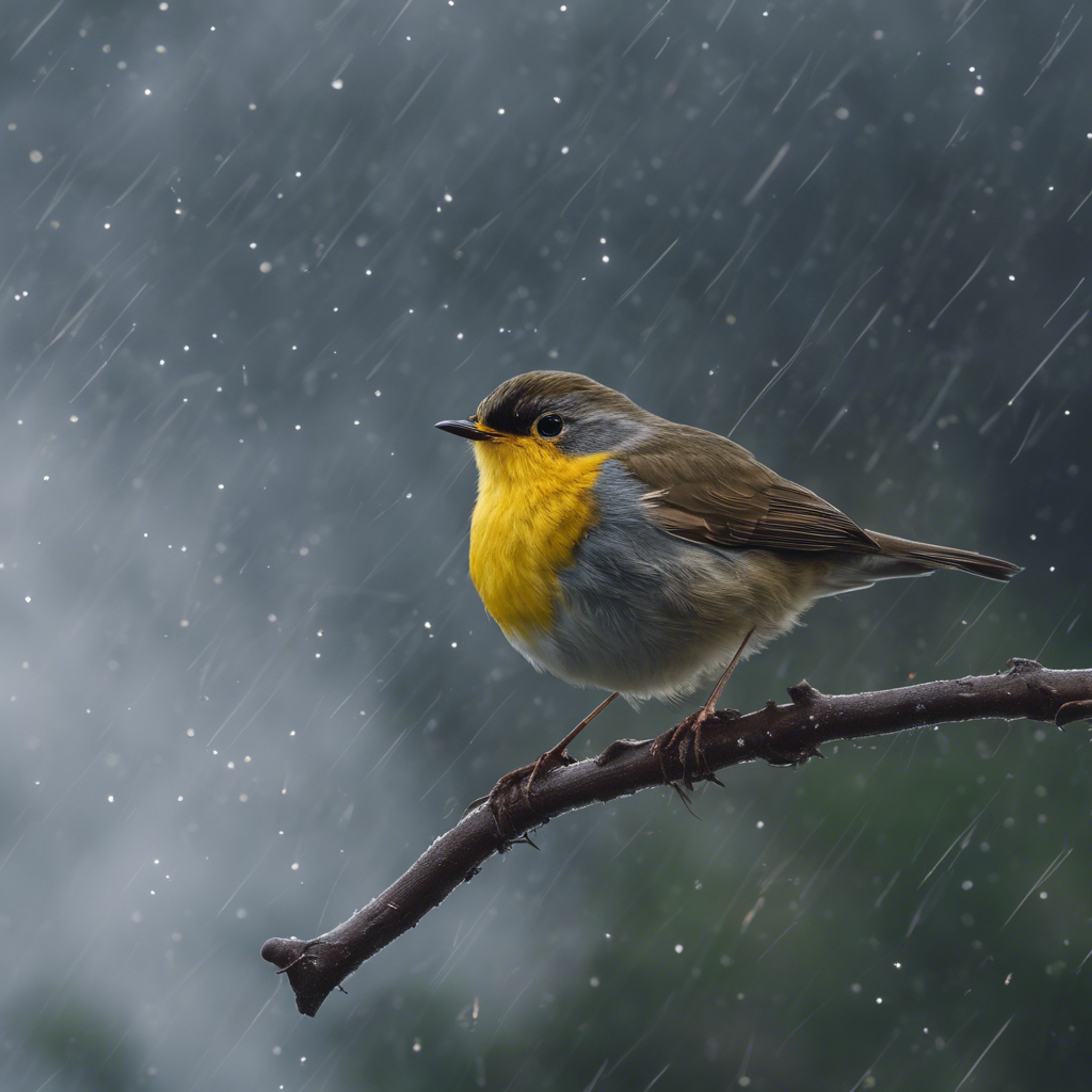 A yellow-breasted robin in mid-flight against a dark, stormy sky. 벽지[14716aee78274faeac04]