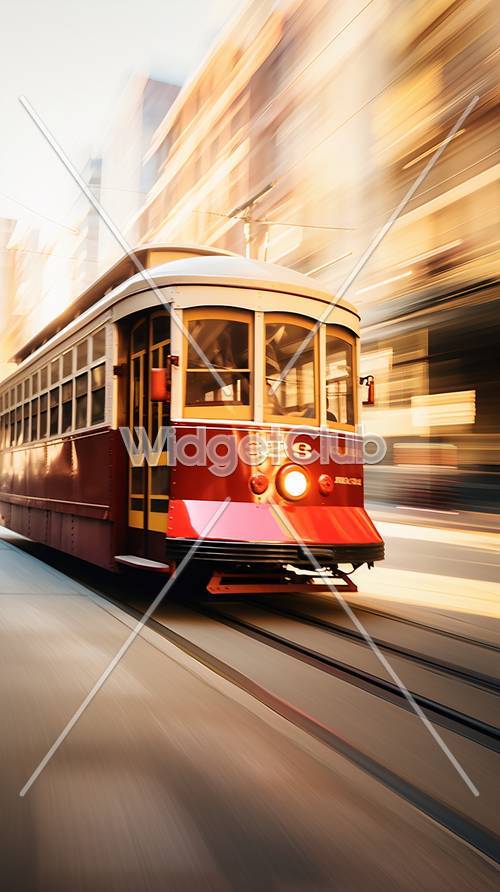 Pędący czerwony tramwaj w mieście