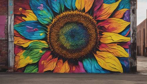 Large psychedelic sunflower mural with rainbow petals on the side of an old warehouse 