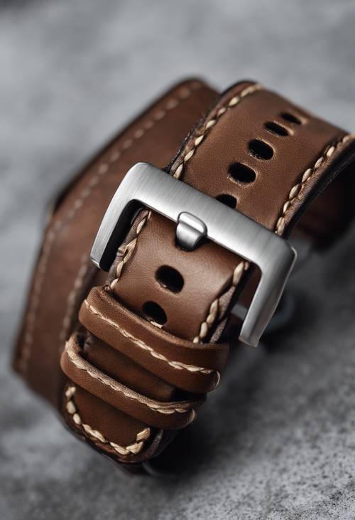 A close-up of a brown leather watch strap, highlighting the texture and stitching details.