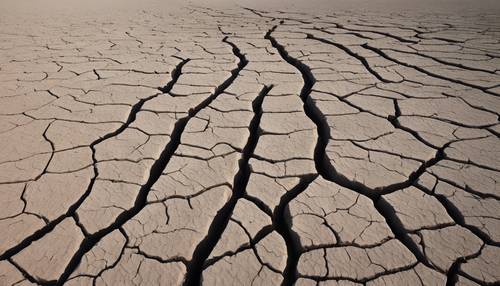 Una pianura arida e argillosa grigia con crepe che suggeriscono una vasta siccità.