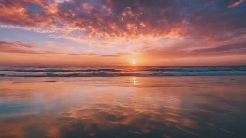 Un tramonto vibrante sull&#39;oceano, con una citazione rilassante che riflette la giornata scritta in corsivo sullo sfondo del cielo.