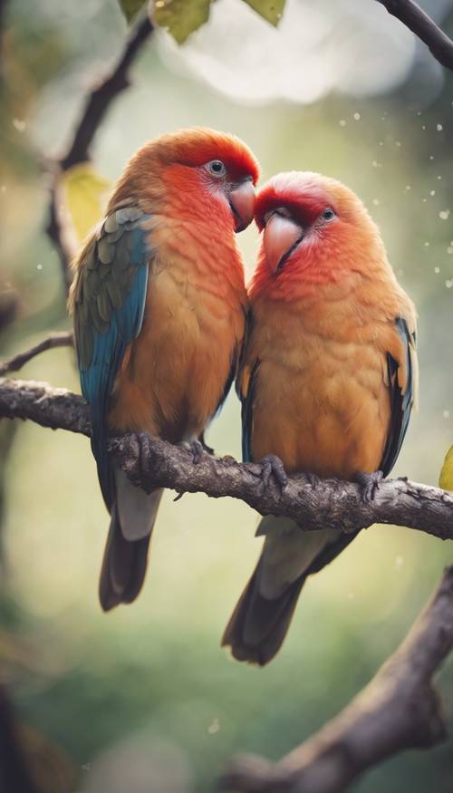 木の枝に座っている2羽の恋人の鳥がお互いを見つめ合い、頭を寄せ合ってハートの形を作っています