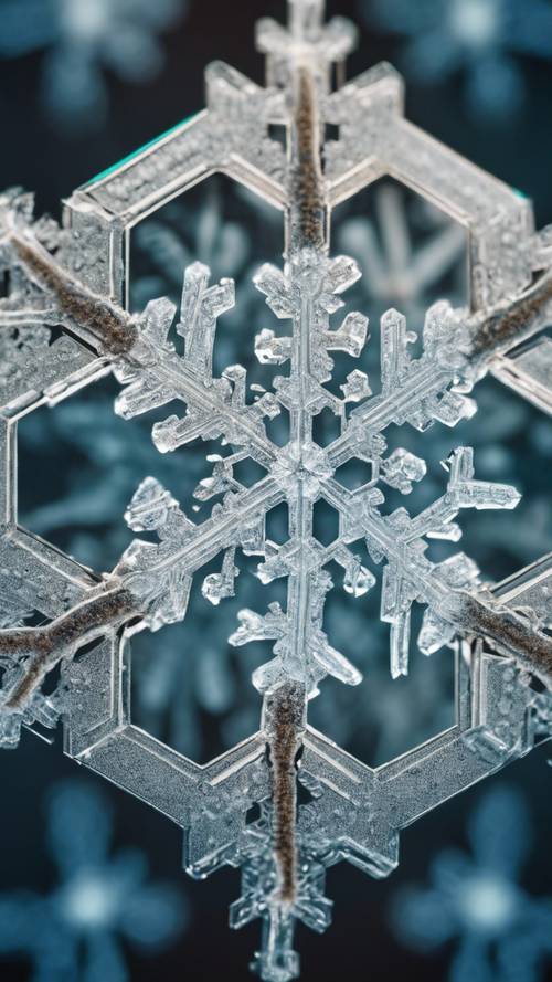 Snowflake under a microscope revealing intricate patterns.