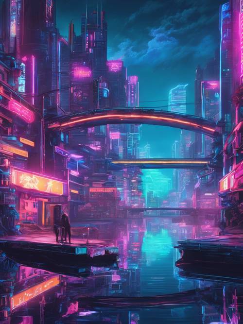 Un sereno lago azzurro che riflette le luci al neon della cyber città durante la notte.