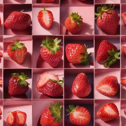 Collage of different kinds of strawberries, showcasing their pinkish tones. Tapeta [d23bb9a4565541998619]