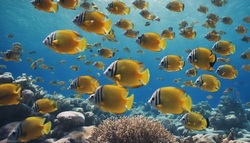 Un banco de coloridos peces tropicales nadando en un arrecife de coral azul claro.