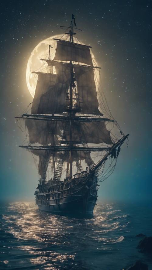 Kapal hantu bajak laut bersinar secara misterius di malam biru berkabut yang diterangi cahaya bulan.