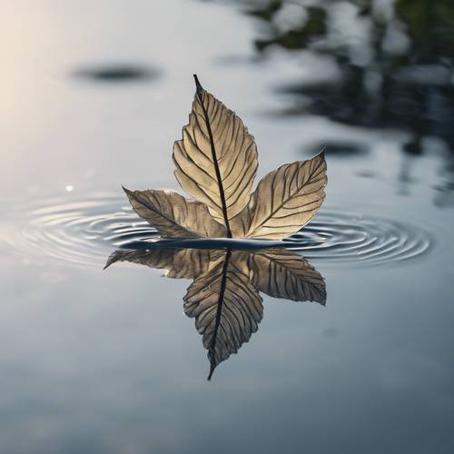 Sakin bir gölette yüzen gümüş bir yaprak ve ondan minik dalgalar yayılıyor.