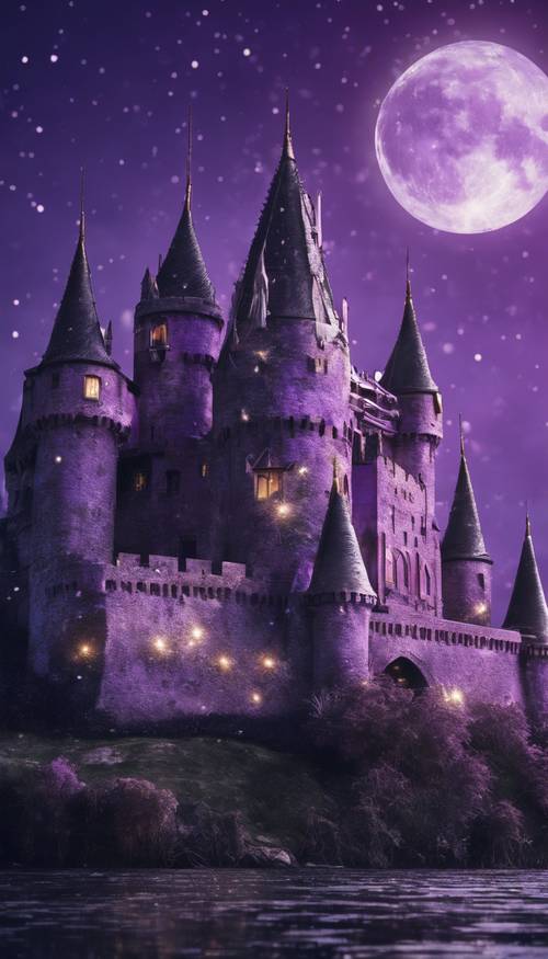 Un majestuoso castillo violeta y plateado que brilla a la luz de la luna.