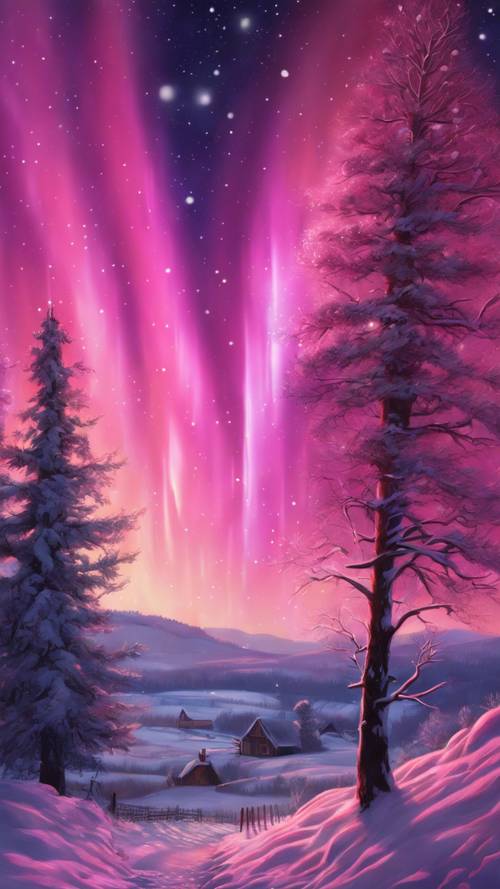 一幅令人着迷的圣诞画，描绘了粉红色的北极光在宁静的乡村上空舞动。