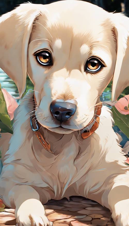 Geniş ve parlak anime gözleri olan, izleyiciye bakan Labrador Retriever köpek yavrusunun büyüleyici görüntüsü.