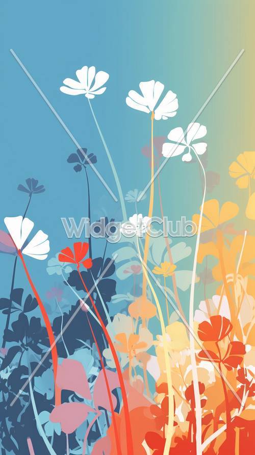 青空に咲くカラフルな花の壁紙