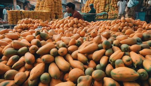 Множество папайй, аккуратно сложенных стопками, на фруктовом рынке, где полно суетящихся людей.