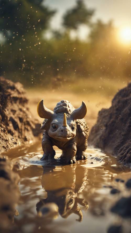 A baby Triceratops happily splashing in a mud puddle under a bright yellow sun.