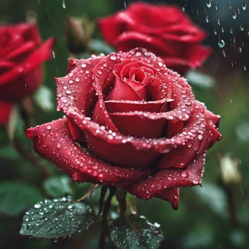 Deszcz po deszczu, róża pokryta rosą, intensywna czerwień i świecąca na zielonym tle.