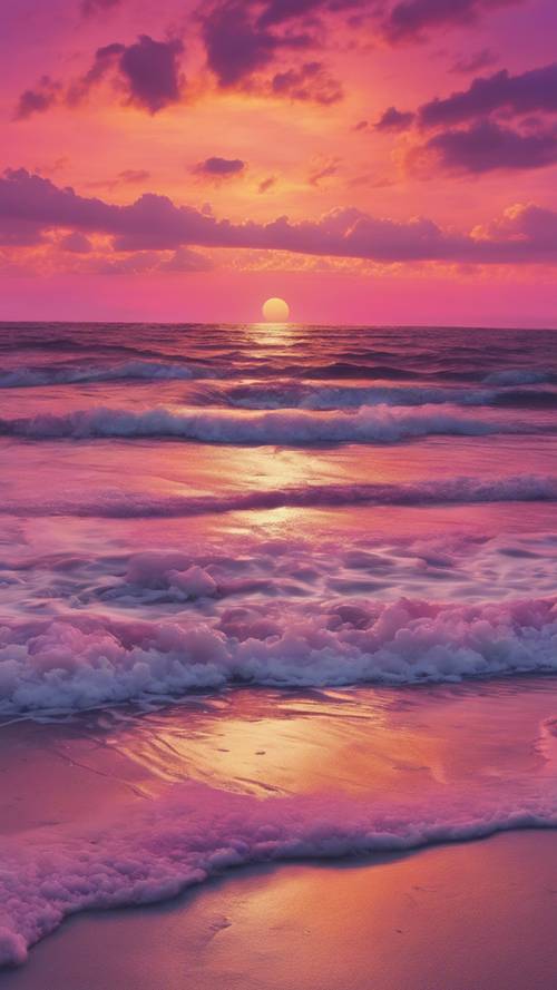 Сияющий закат, окрашивающий небо в оттенки розового, фиолетового, оранжевого и золотого над тихим пляжем.