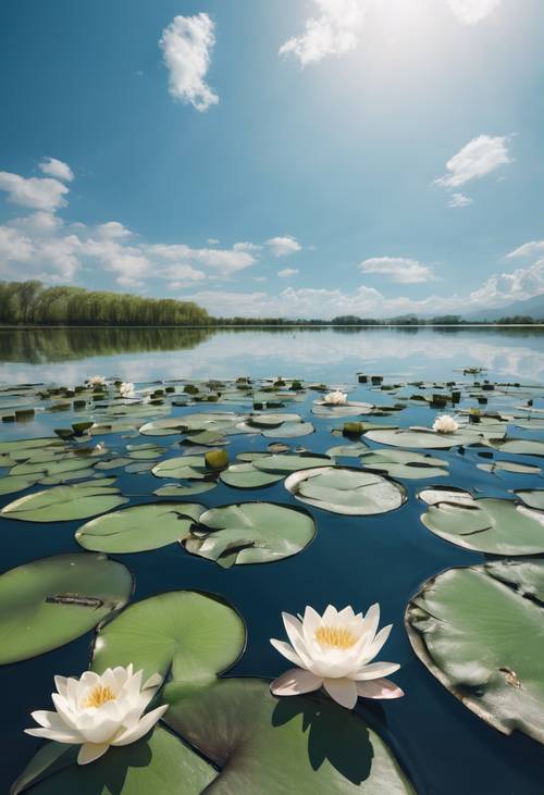 Un lago incontaminato adornato da ninfee galleggianti sotto un cielo azzurro e limpido.
