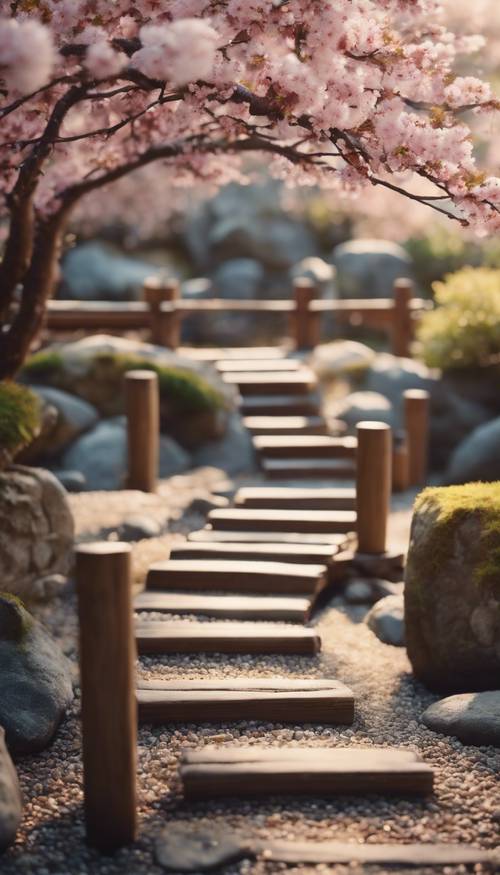 A serene Japanese Zen garden, with gravel circles, a small wooden bridge over a trickling stream and blossoms drifting slowly from a cherry tree.