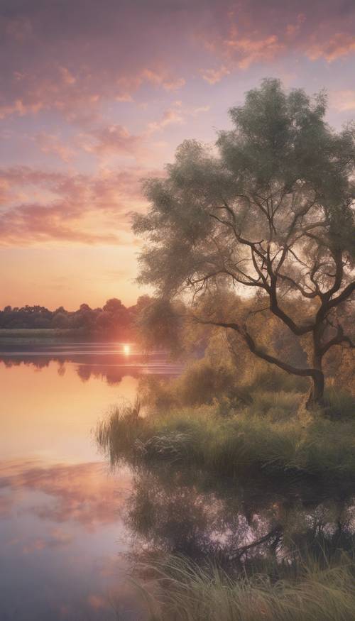 Matahari terbenam berwarna pastel yang lembut di atas danau yang tenang, menjadi pemandangan malam yang damai.