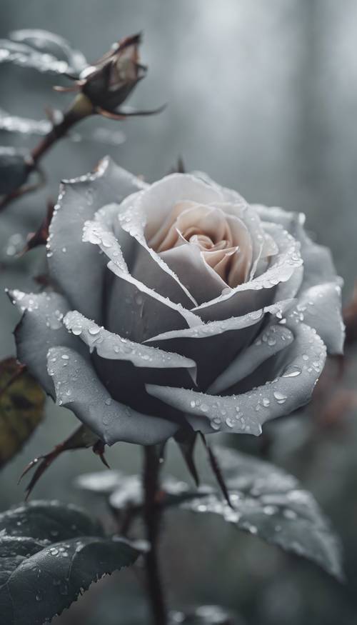 ภาพระยะใกล้ของดอกกุหลาบสีเทาที่มีหนามสีขาวในตอนเช้าที่มีหมอกหนา