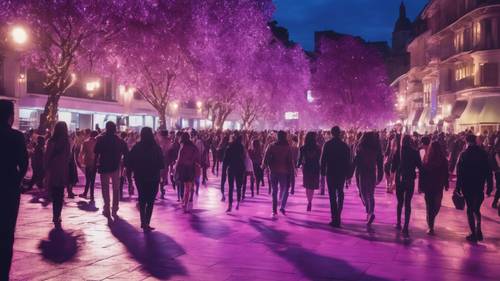 Plac oświetlony kaskadą fioletowych odcieni, spacerujący energiczni ludzie.