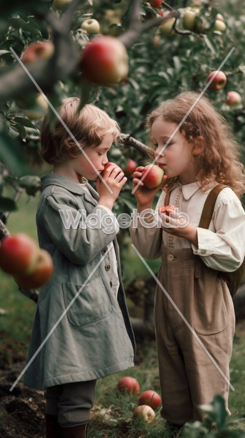 Crianças compartilhando maçãs no pomar