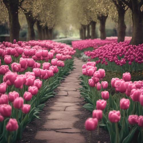 Fantazyjna ścieżka ogrodowa wyłożona dużymi ciemnoróżowymi tulipanami.
