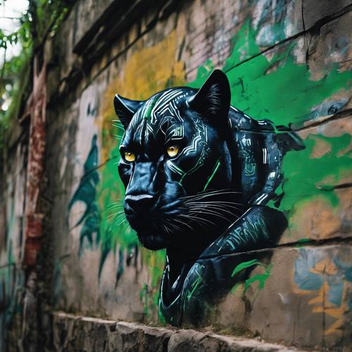 Una prospettiva ravvicinata di un graffito raffigurante una pantera nera in una giungla di notte, i suoi occhi verdi lucenti, incastonati tra le texture di un muro di cinta logoro.