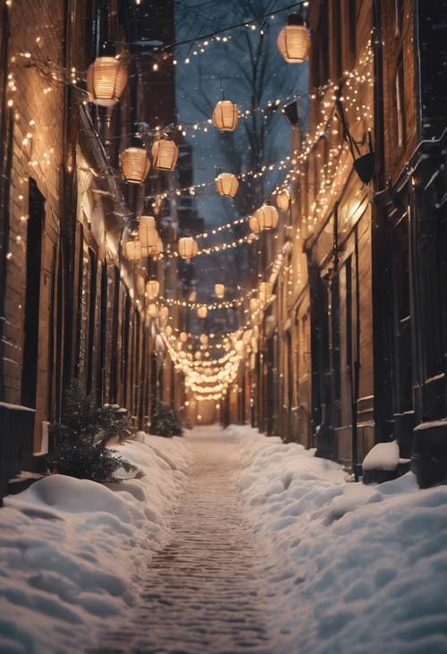 Eine verschneite Gasse mit hohen Gebäuden aus der viktorianischen Zeit auf beiden Seiten, warm beleuchtet durch quer über die Gasse gespannte Weihnachtslaternen.