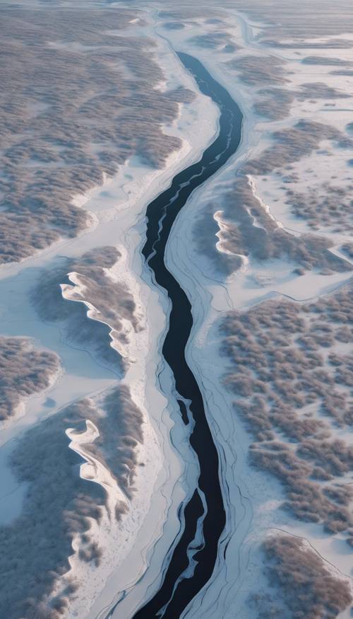 Uma foto aérea da tundra, com rios congelados serpenteando por sua vasta extensão, tirada no auge do inverno.