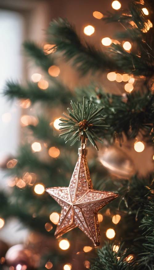 Bintang emas mawar bercahaya di atas pohon Natal yang megah di ruang tamu yang megah.