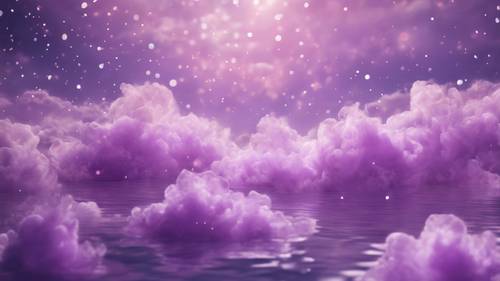 Abstract painting of swirling light purple clouds over tranquil water.