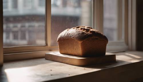 一块新鲜的黑面包在窗台上冷却，散发着诱人的气息。