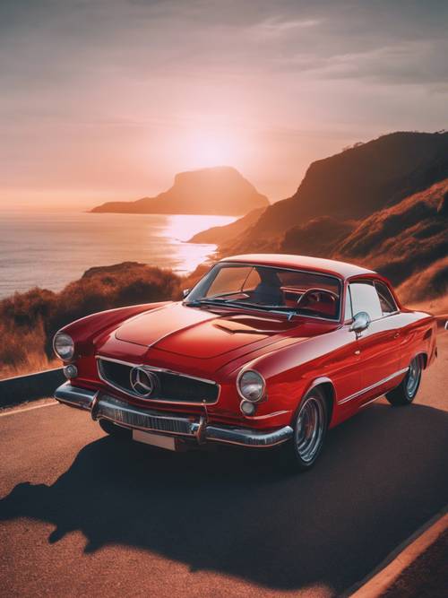A luxury neon red coupe cruising along a coastal road at sunset