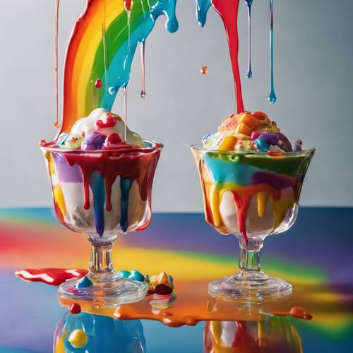 Helado con salsas de colores del arco iris que se derriten y gotean por los lados del vaso.