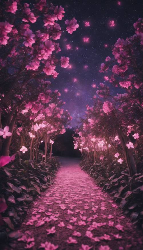 Une image surréaliste d’une allée bordée de gardénias roses et violets brillants sous un ciel étoilé scintillant.