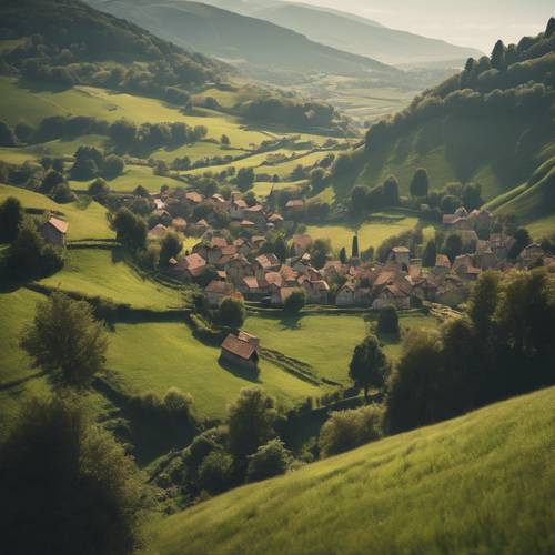 Spokojna dolina z uroczą wioską położoną wśród wzgórz.