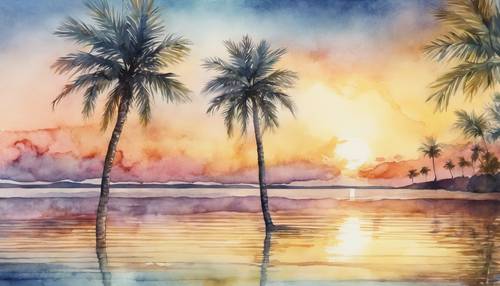 Aquarellmalerei einer niedlichen Palme, die sich bei Sonnenuntergang in einer ruhigen Bucht spiegelt.