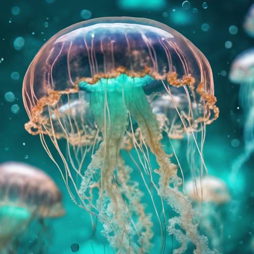 Świecąca meduza pływająca, uchwycona przez warstwy półprzezroczystych turkusowych akwareli