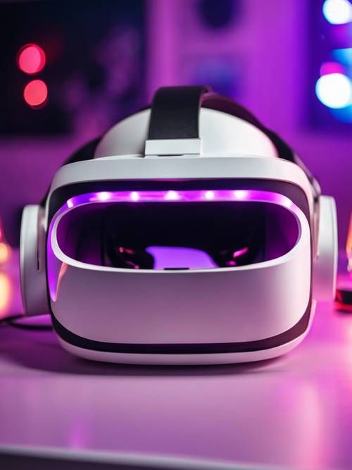 어두운 조명의 게임룸에 보라색 조명이 달린 흰색 VR 헤드셋.